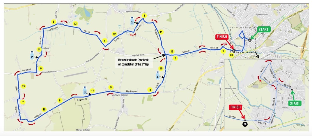 Wymondham 20 Mile Race Route 